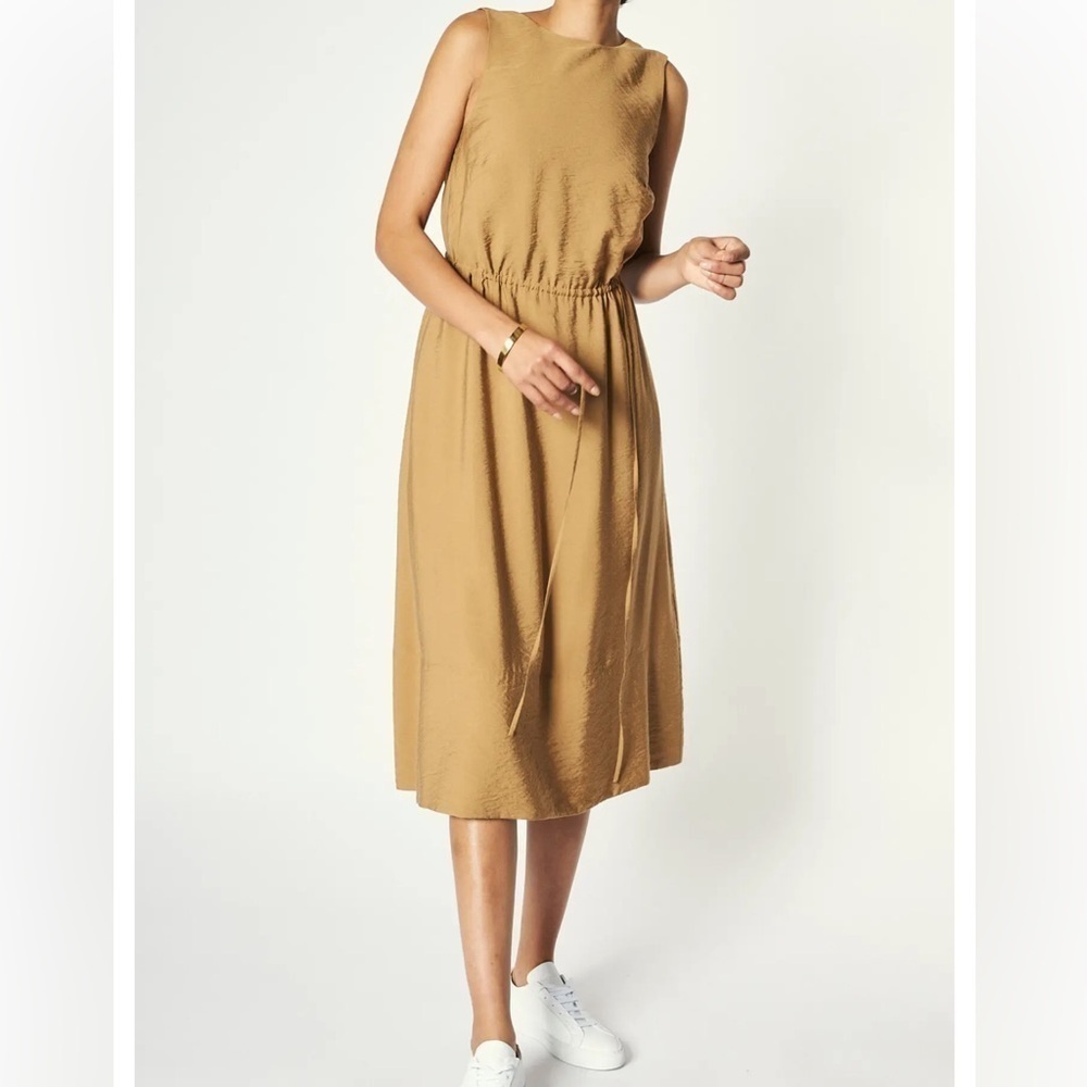 VINCE Cross-back Sleeveless Midi dress Caramel Brown M Size Medium New With Tags - Picture 2 of 16